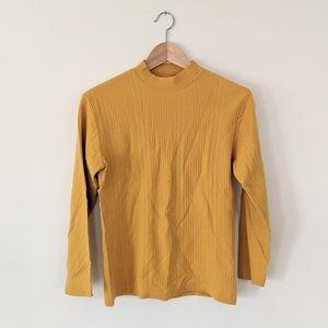 90s Vintage ESPRIT 100% Cotton Yellow Ribbed Mock Neck Long Sleeve Tee Small